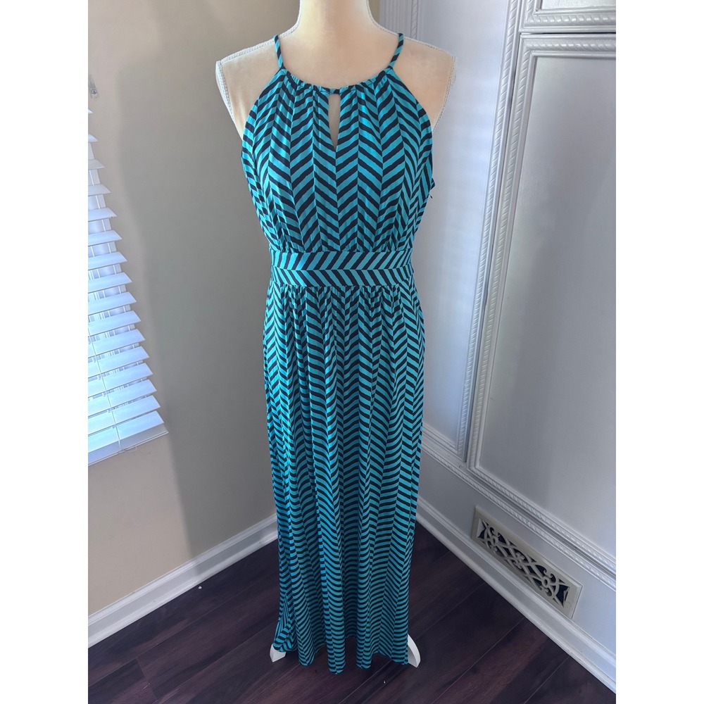 Ann Taylor LOFT Teal Black Chevron Halter Maxi Dress Keyhole Medium Boho Summer